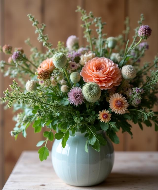 Close-up of a sustainable floral arrangement in our London studio