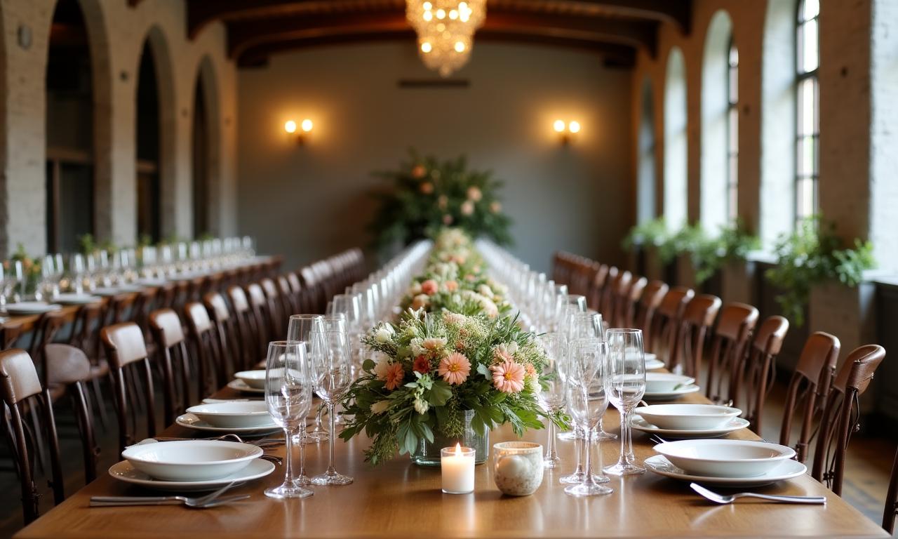 A serene and high-end sustainable wedding reception setup with wild, organic floral arrangements