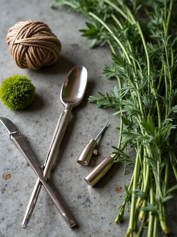Eco-friendly floral mechanics and seasonal stems in a rustic studio